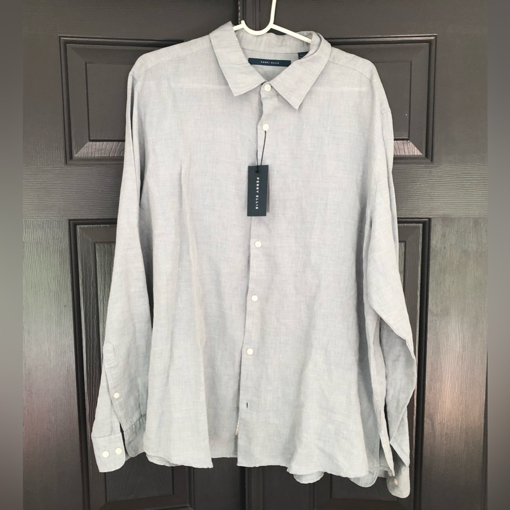 Perry Ellis Long Sleeve Button Up Linen Untucked Shirt Blue Shadow XXL New NWT
